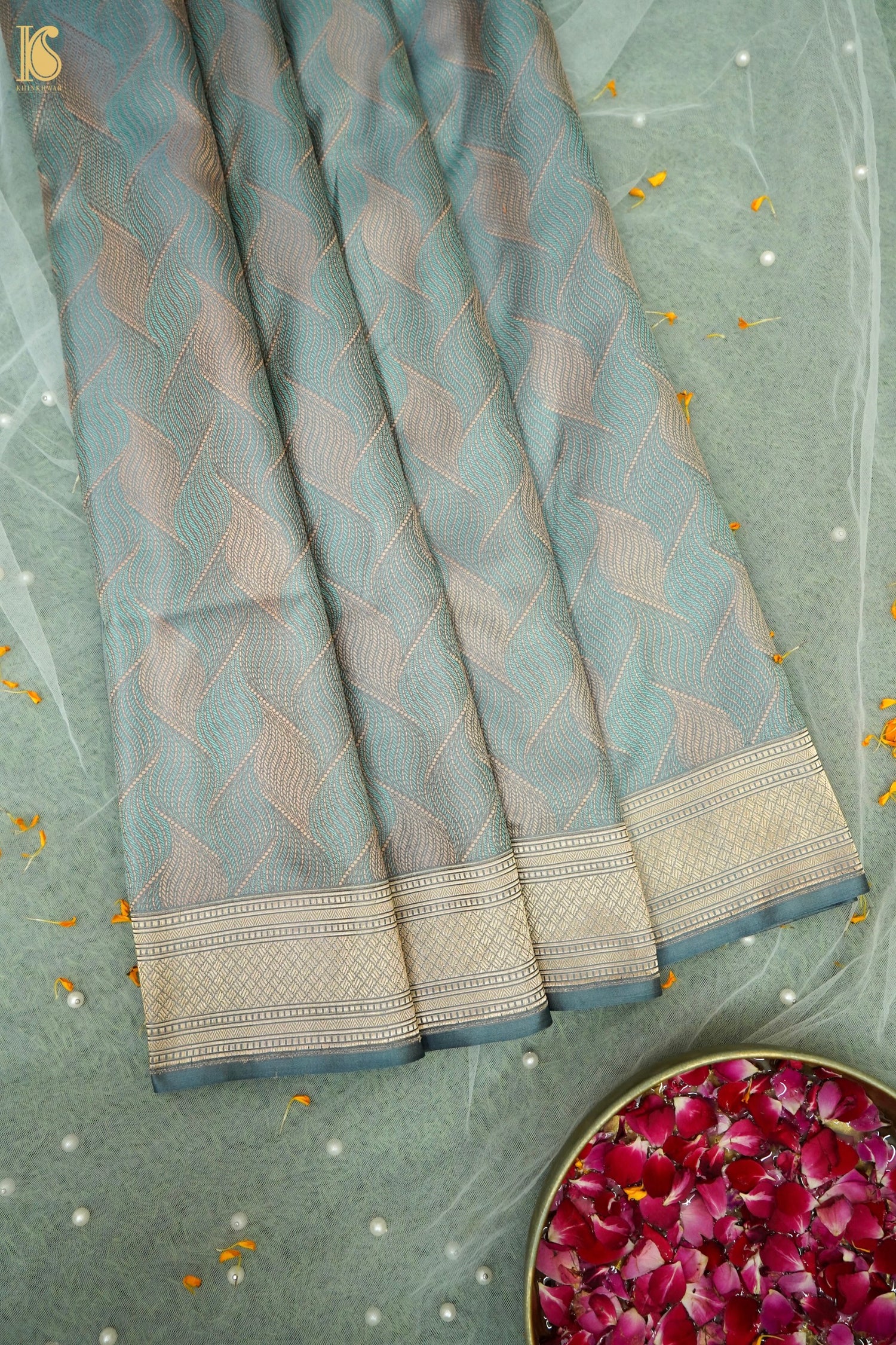 Katan Mashru Tanchoi Laharia Jaal Banarasi Saree in Slate Grey