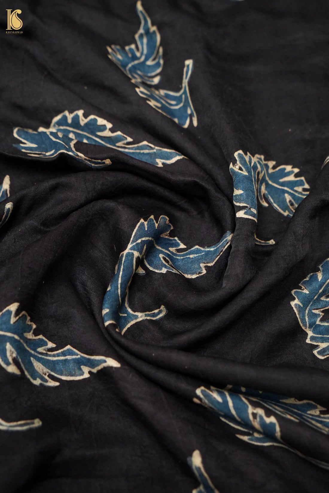 Gajji Silk Ajrakh Hand Block Leaf Fabric in Black