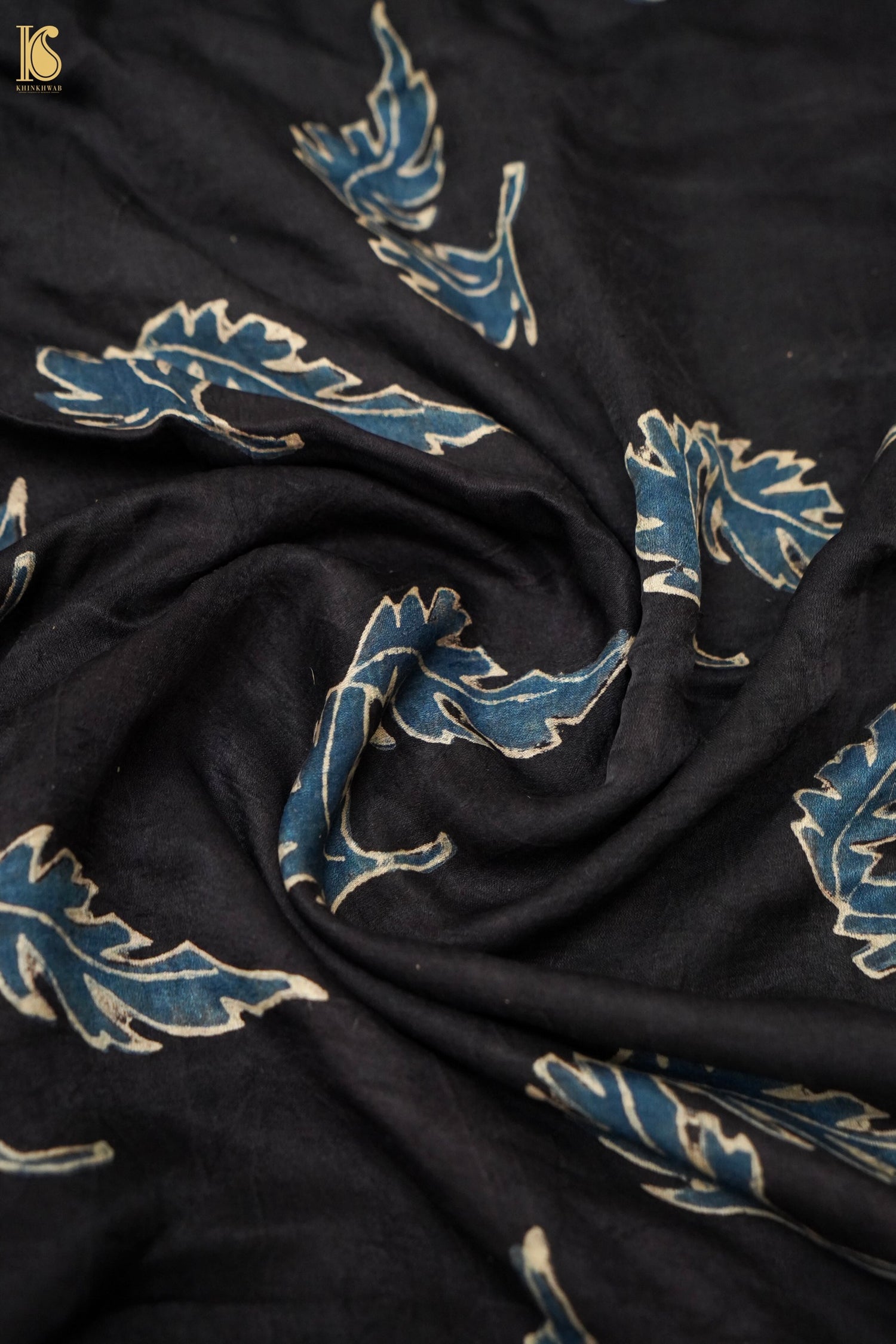 Gajji Silk Ajrakh Hand Block Leaf Fabric in Black