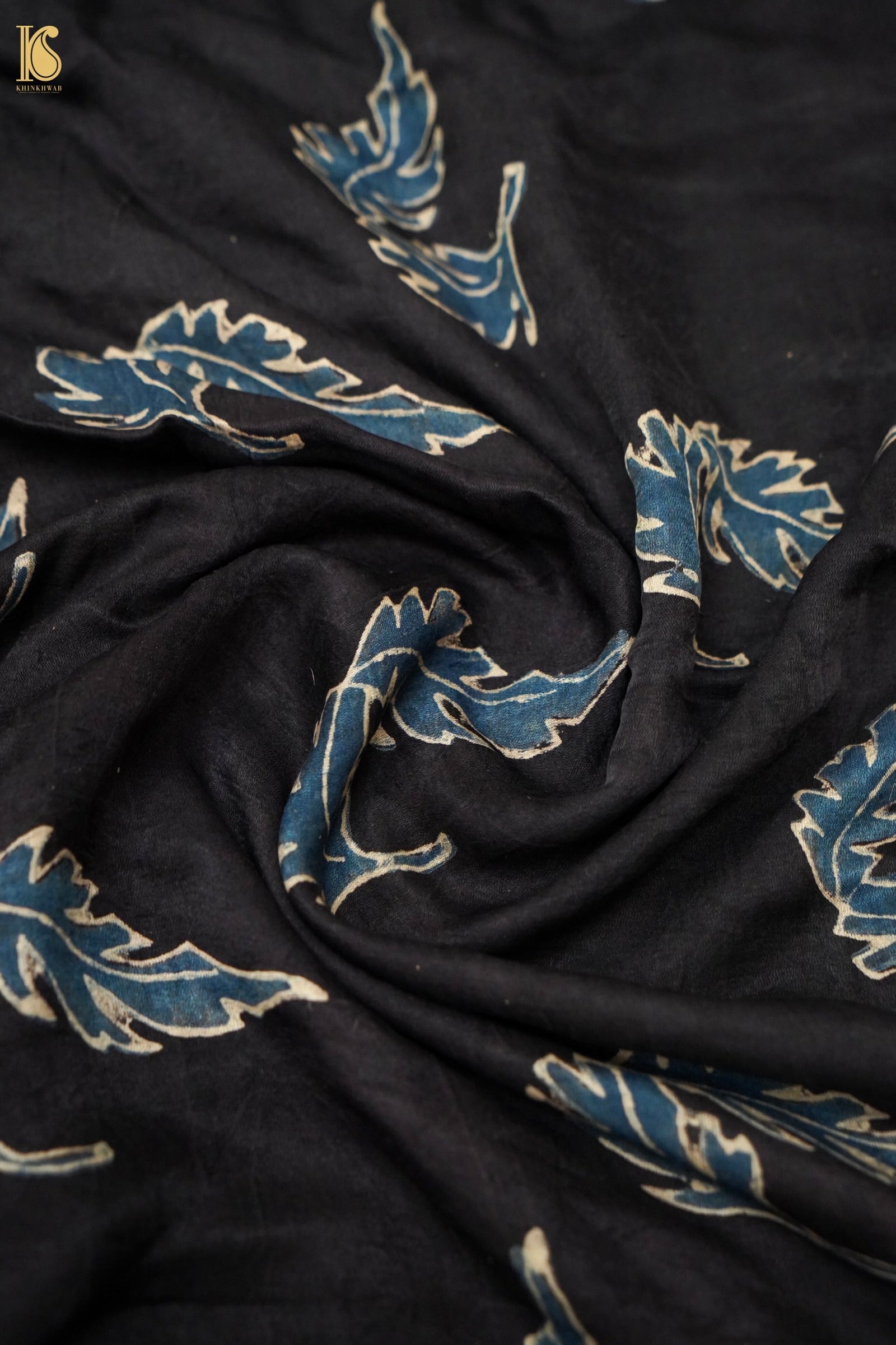 Gajji Silk Ajrakh Hand Block Leaf Fabric in Black