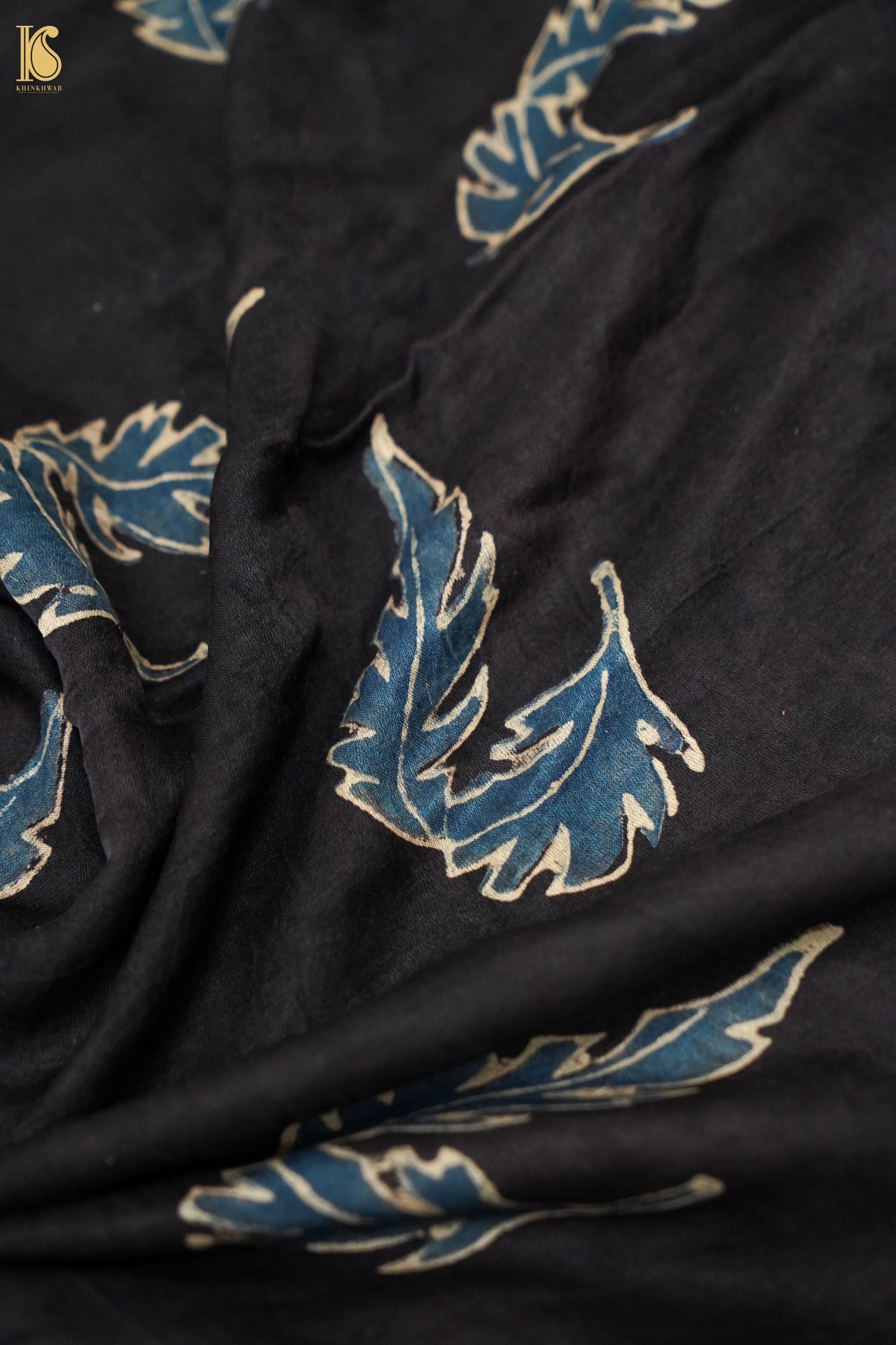 Gajji Silk Ajrakh Hand Block Leaf Fabric in Black