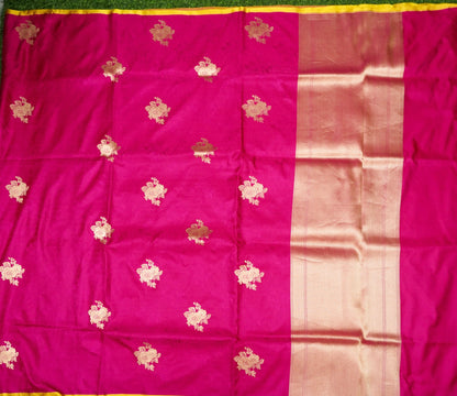 Mashru Silk Kadwa Gulab Buta Handwoven Banarasi Saree in Rani Pink