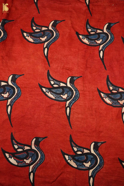 Gajji Silk Ajrakh Hand Block Crane Fabric in Rust Red