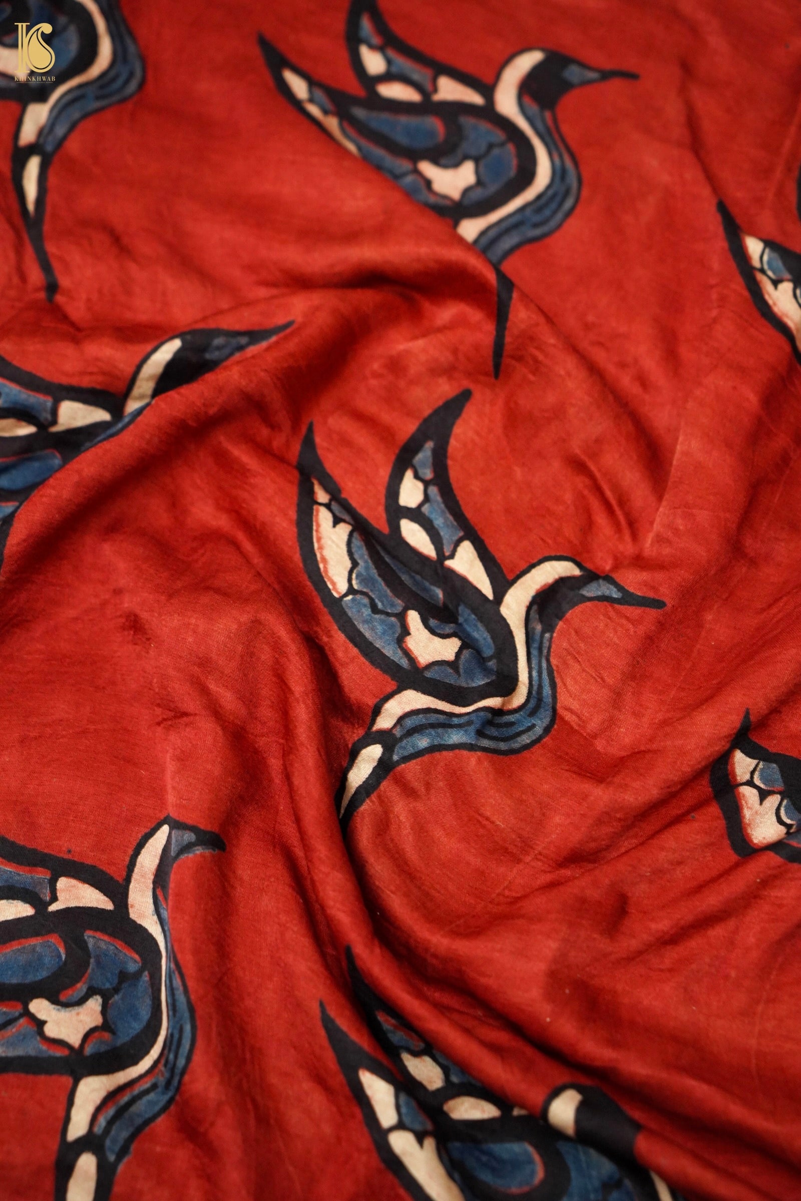 Gajji Silk Ajrakh Hand Block Crane Fabric in Rust Red