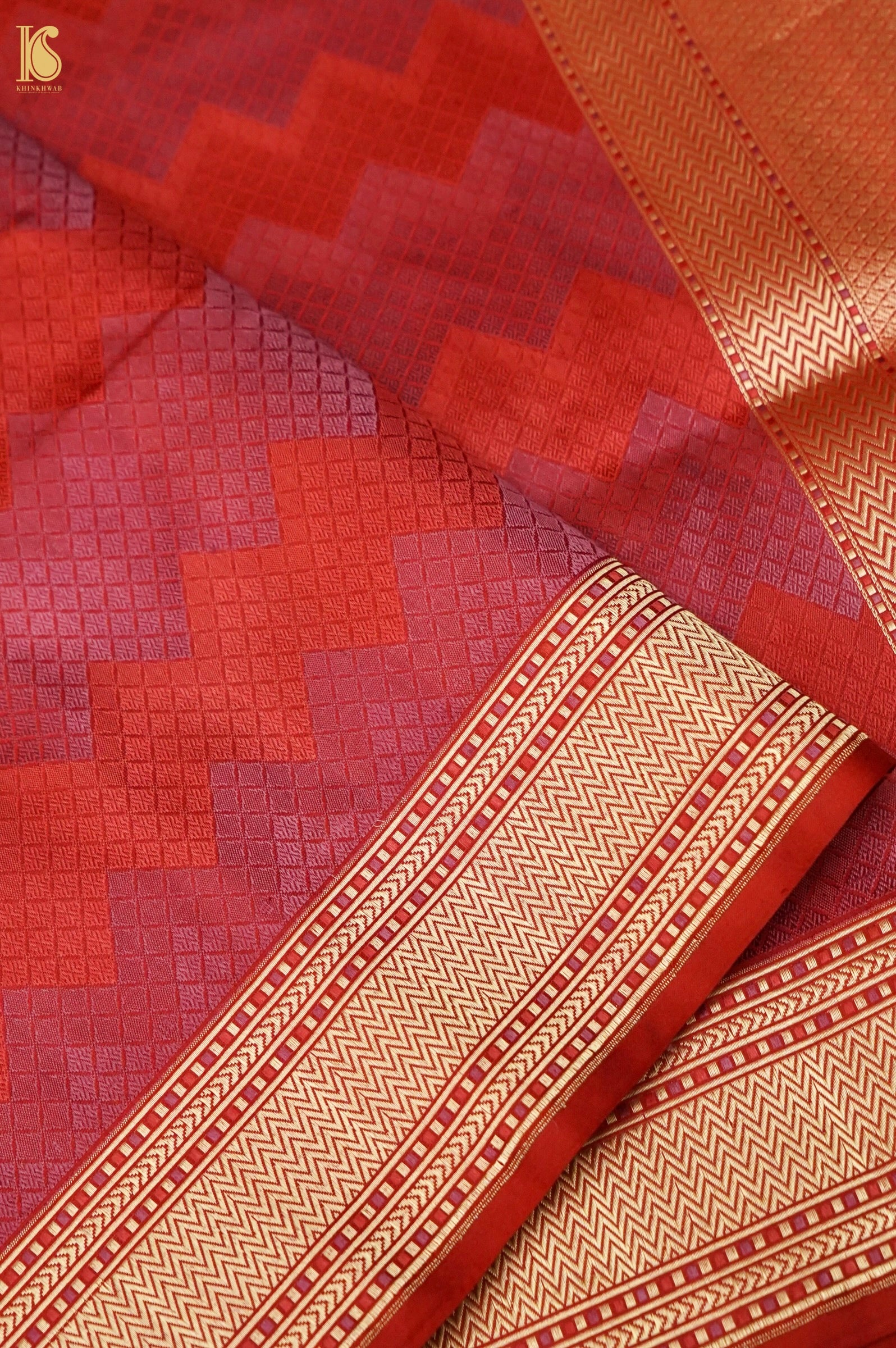 Katan Silk Tanchoi Geometric Handwoven Banarasi Saree in Rust Red