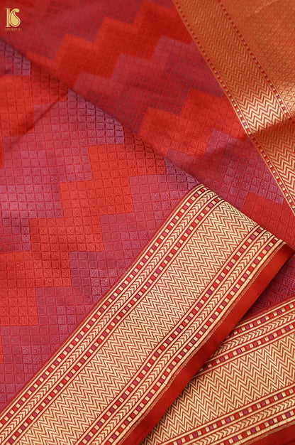 Katan Silk Tanchoi Geometric Handwoven Banarasi Saree in Rust Red