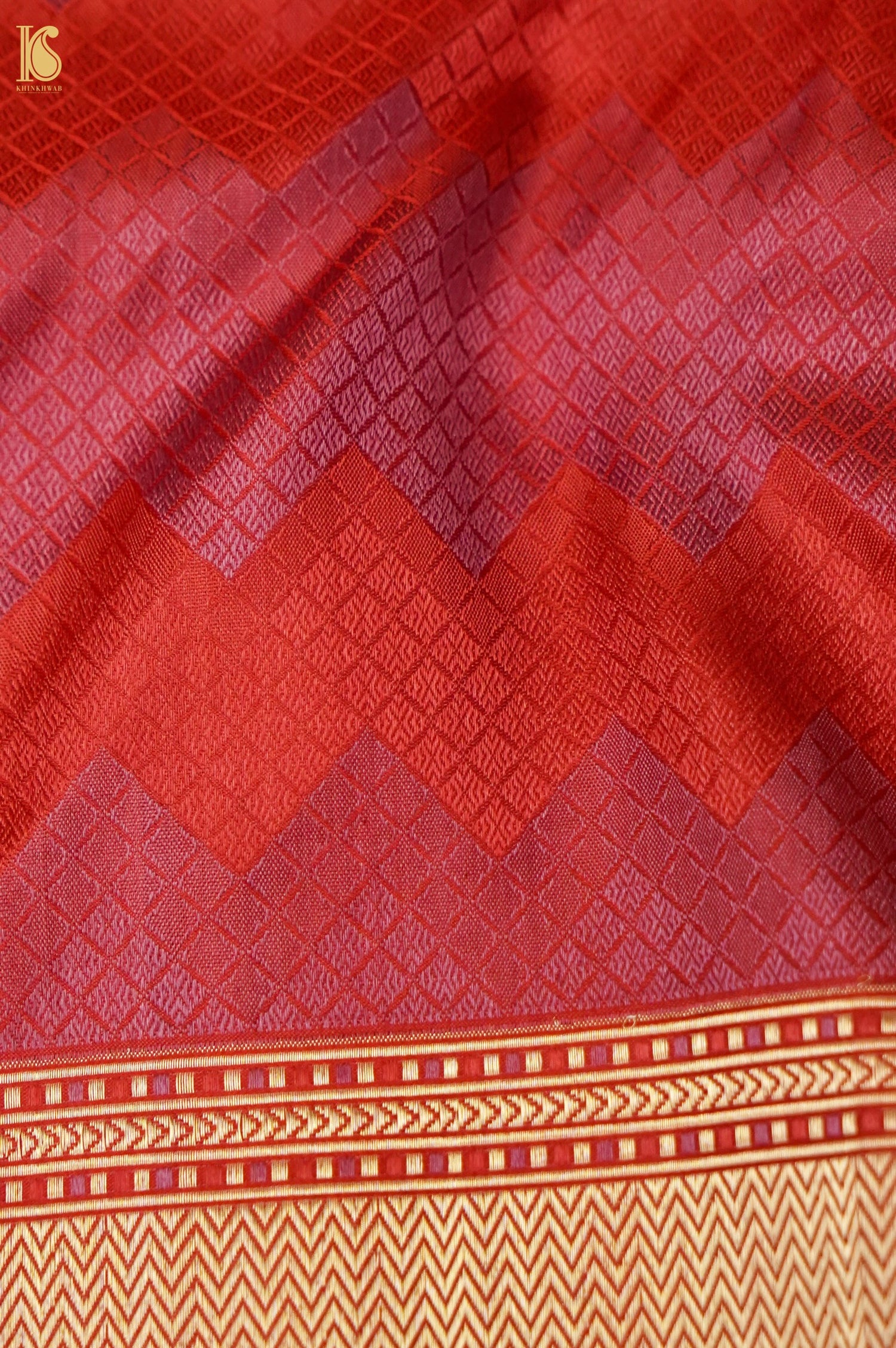 Katan Silk Tanchoi Geometric Handwoven Banarasi Saree in Rust Red