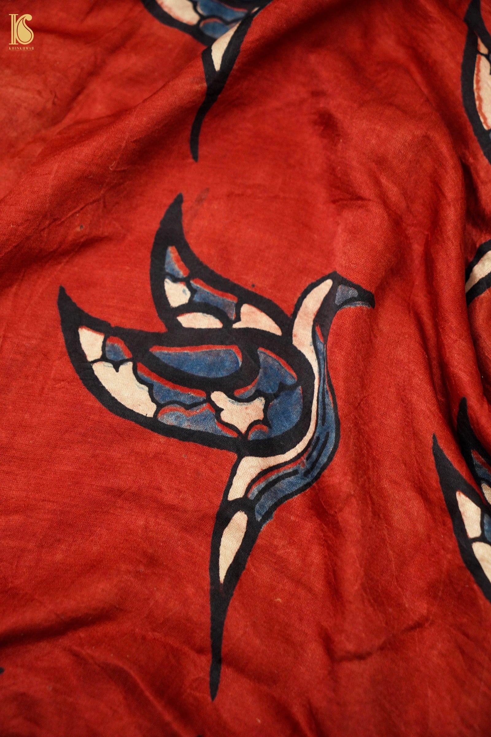 Gajji Silk Ajrakh Hand Block Crane Fabric in Rust Red