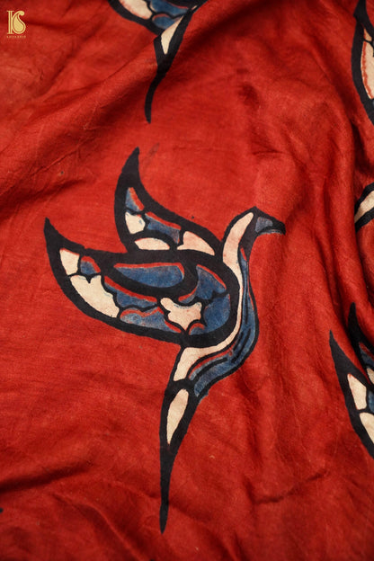 Gajji Silk Ajrakh Hand Block Crane Fabric in Rust Red