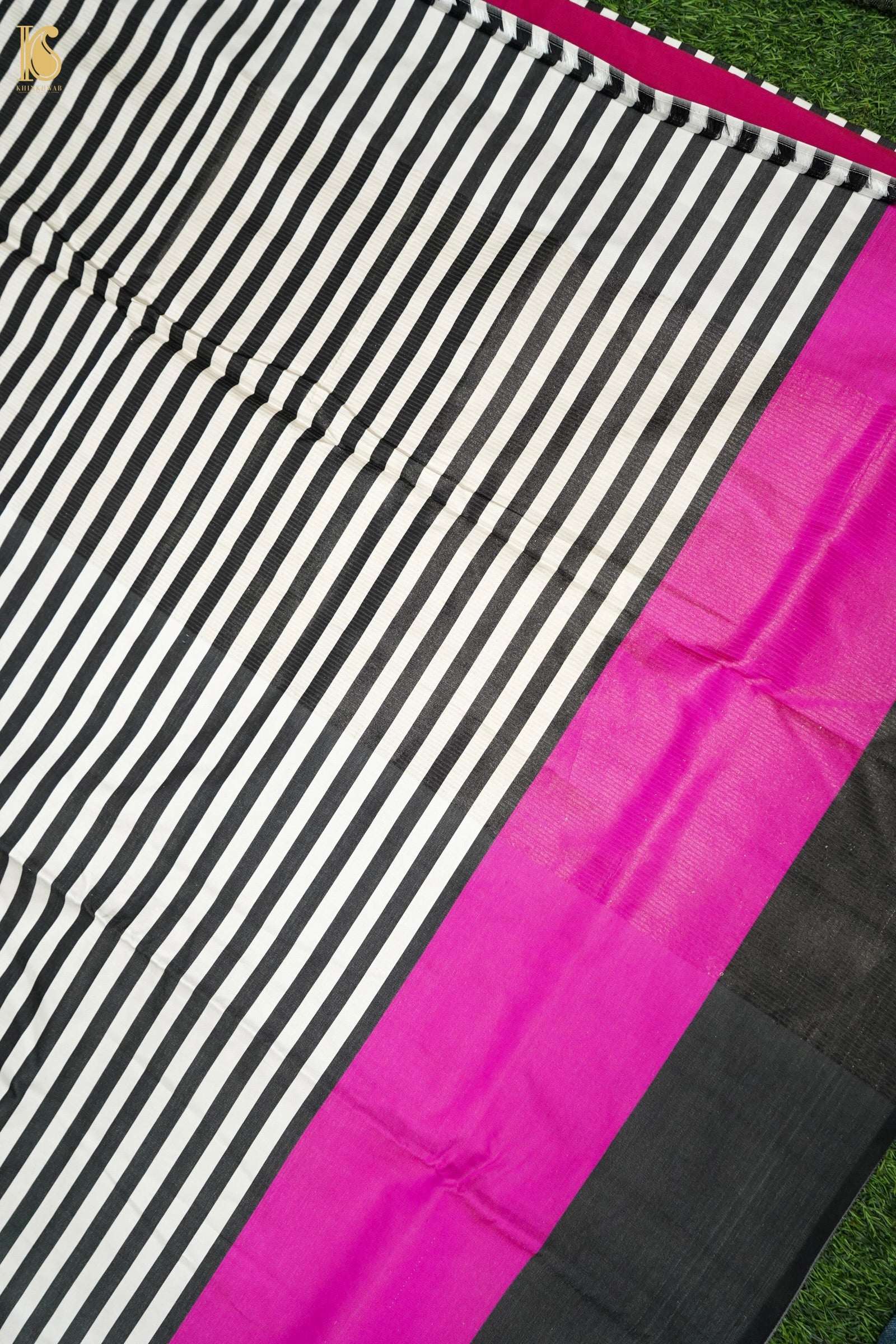 Handwoven Black &amp; White Striped Mashru Silk Banarasi Saree