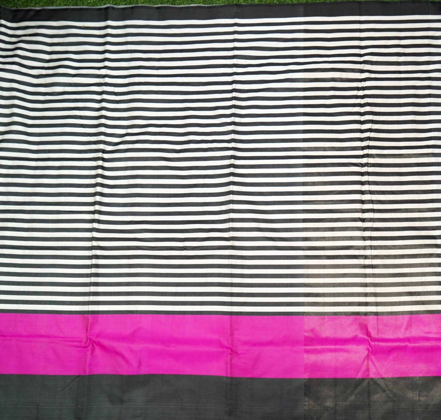 Handwoven Black &amp; White Striped Mashru Silk Banarasi Saree