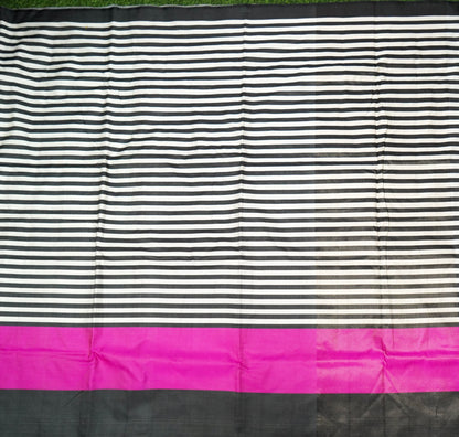 Handwoven Black &amp; White Striped Mashru Silk Banarasi Saree