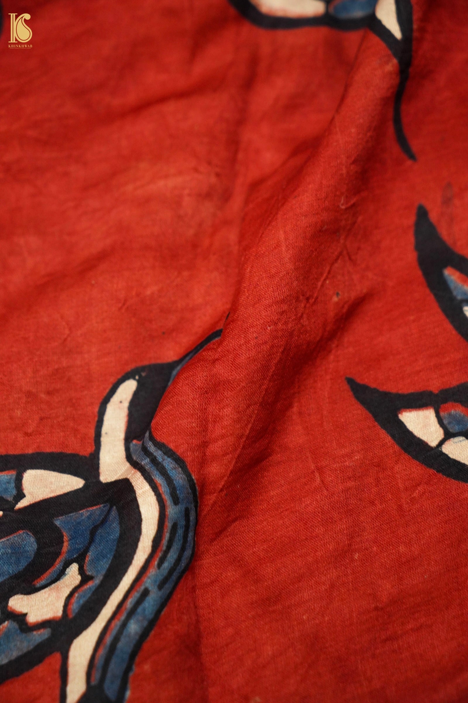 Gajji Silk Ajrakh Hand Block Crane Fabric in Rust Red