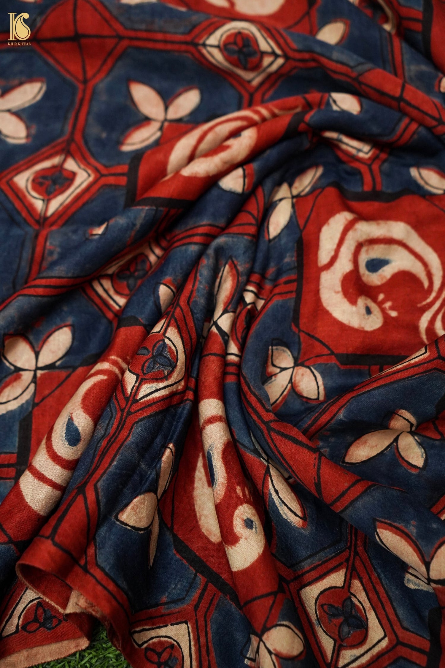 Gajji Silk Ajrakh Hand Block Octagon Kalgha Fabric in Indigo Rust