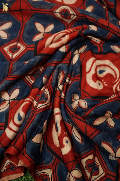 Gajji Silk Ajrakh Hand Block Octagon Kalgha Fabric in Indigo Rust