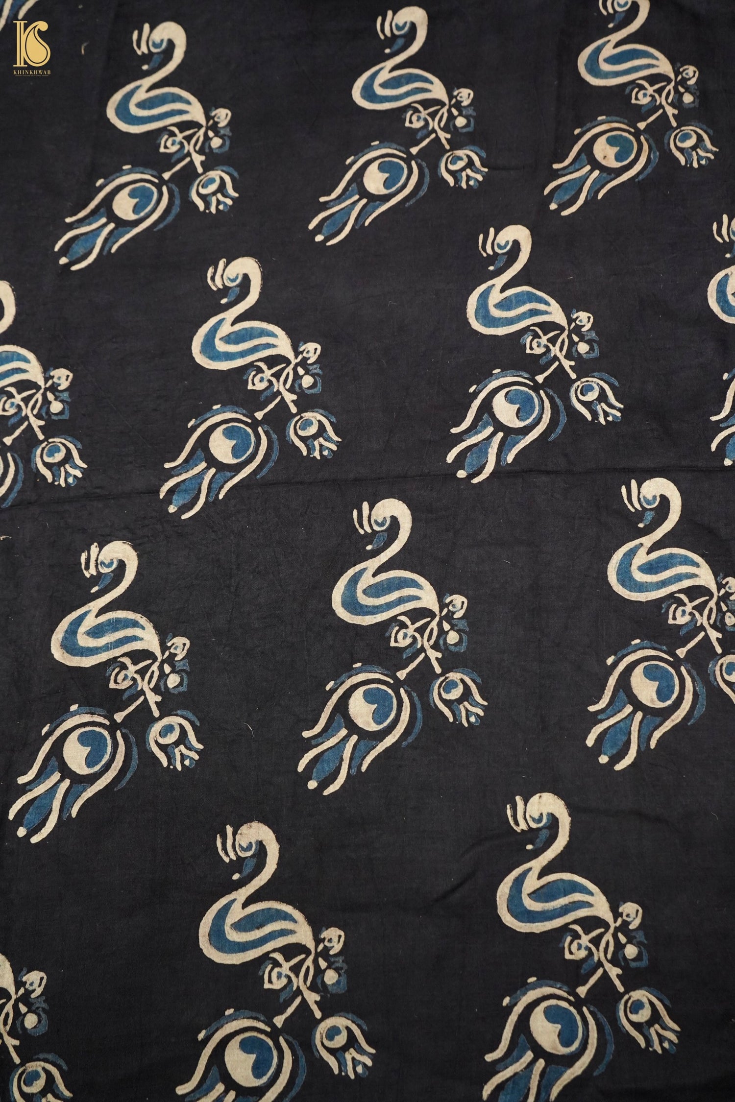 Gajji Silk Ajrakh Hand Block Peacock Fabric in Black