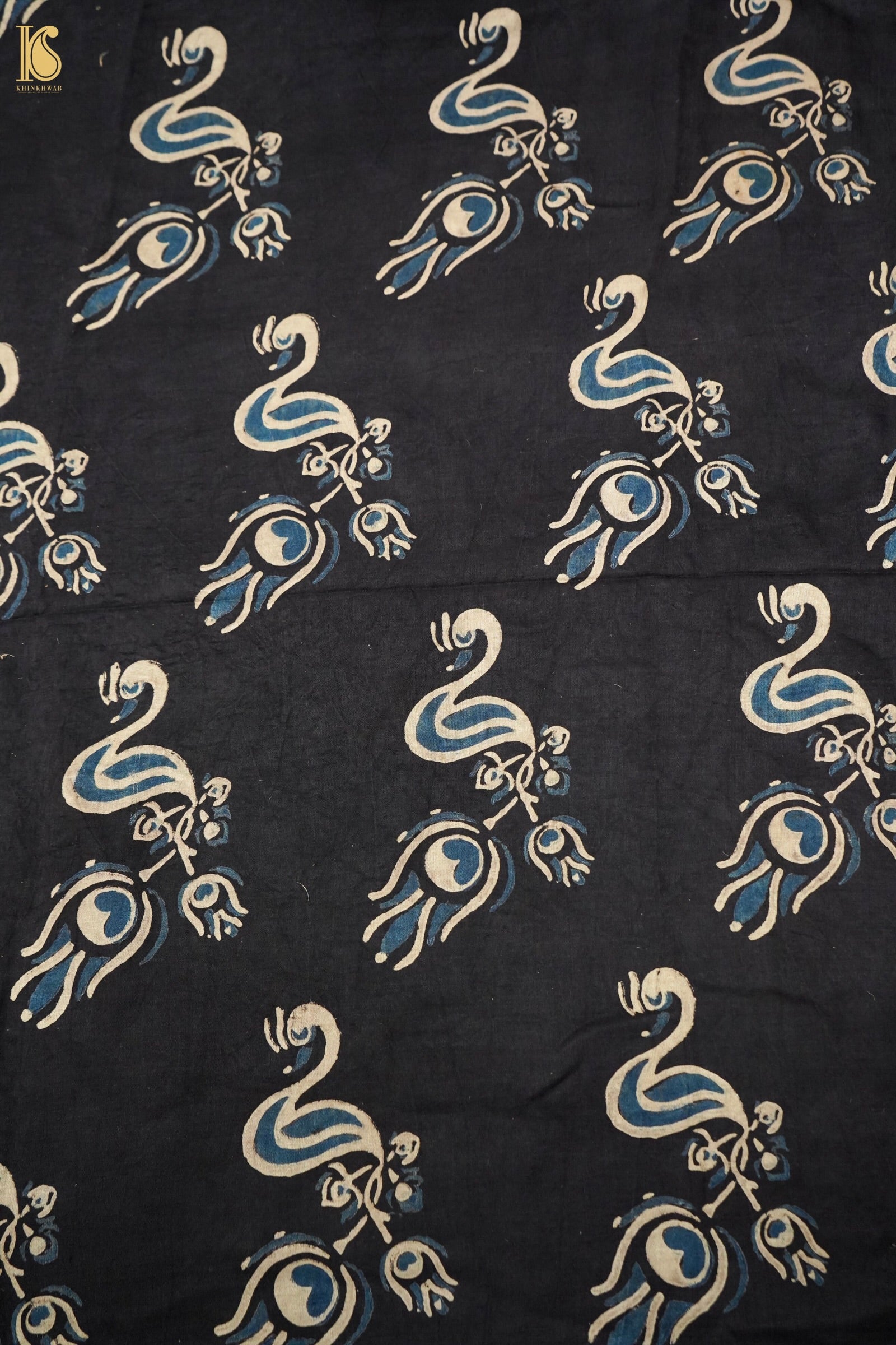 Gajji Silk Ajrakh Hand Block Peacock Fabric in Black