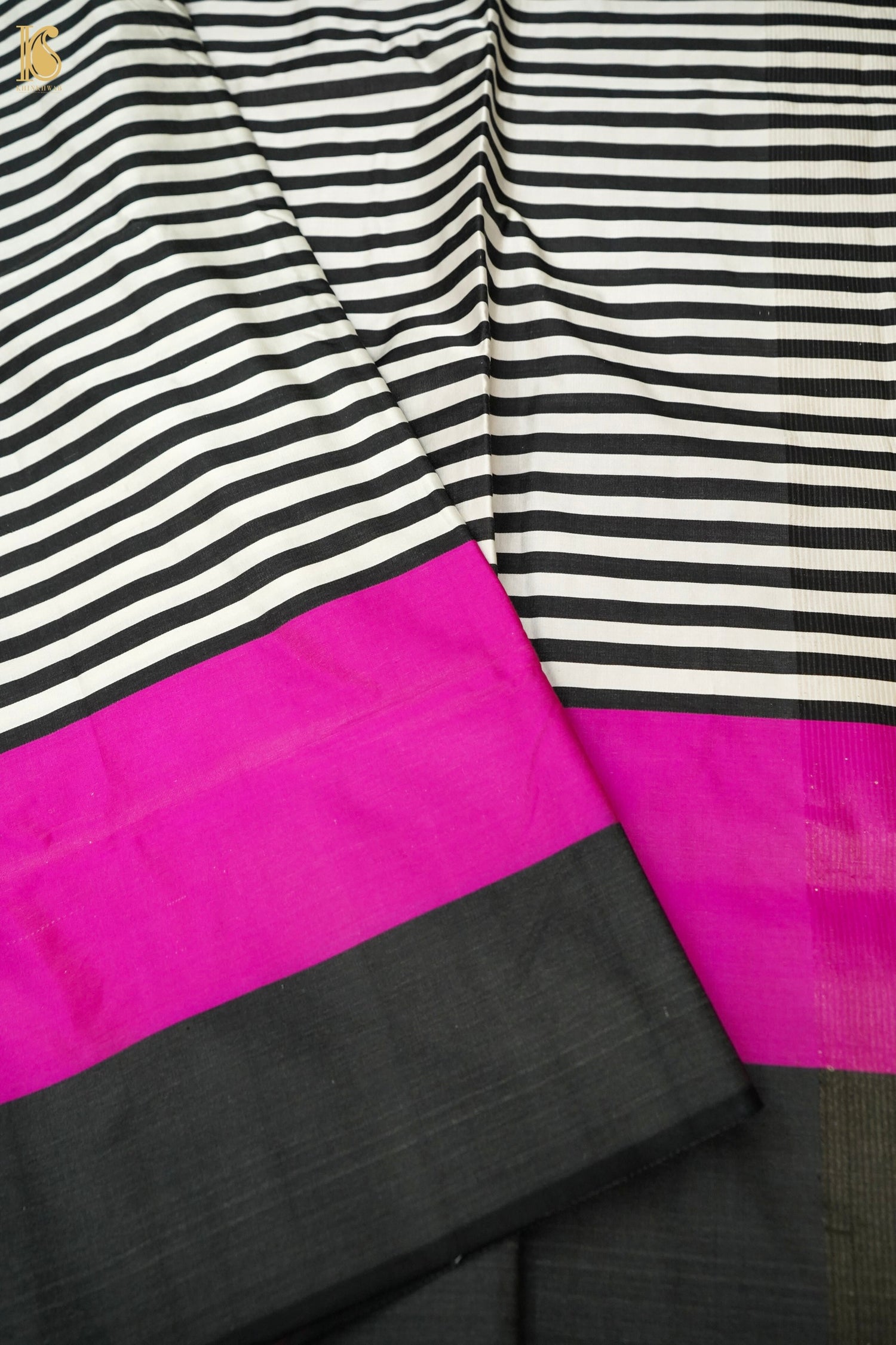 Handwoven Black &amp; White Striped Mashru Silk Banarasi Saree