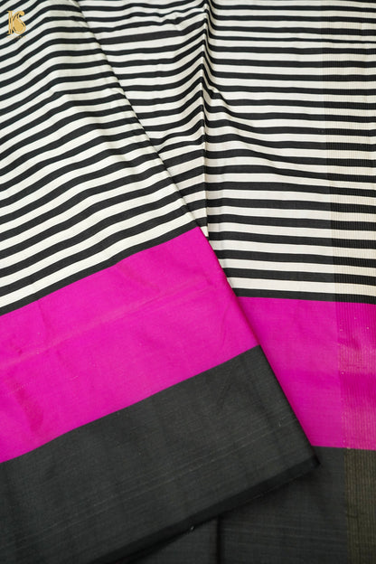 Handwoven Black &amp; White Striped Mashru Silk Banarasi Saree