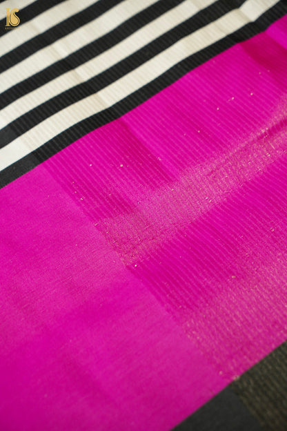 Handwoven Black &amp; White Striped Mashru Silk Banarasi Saree