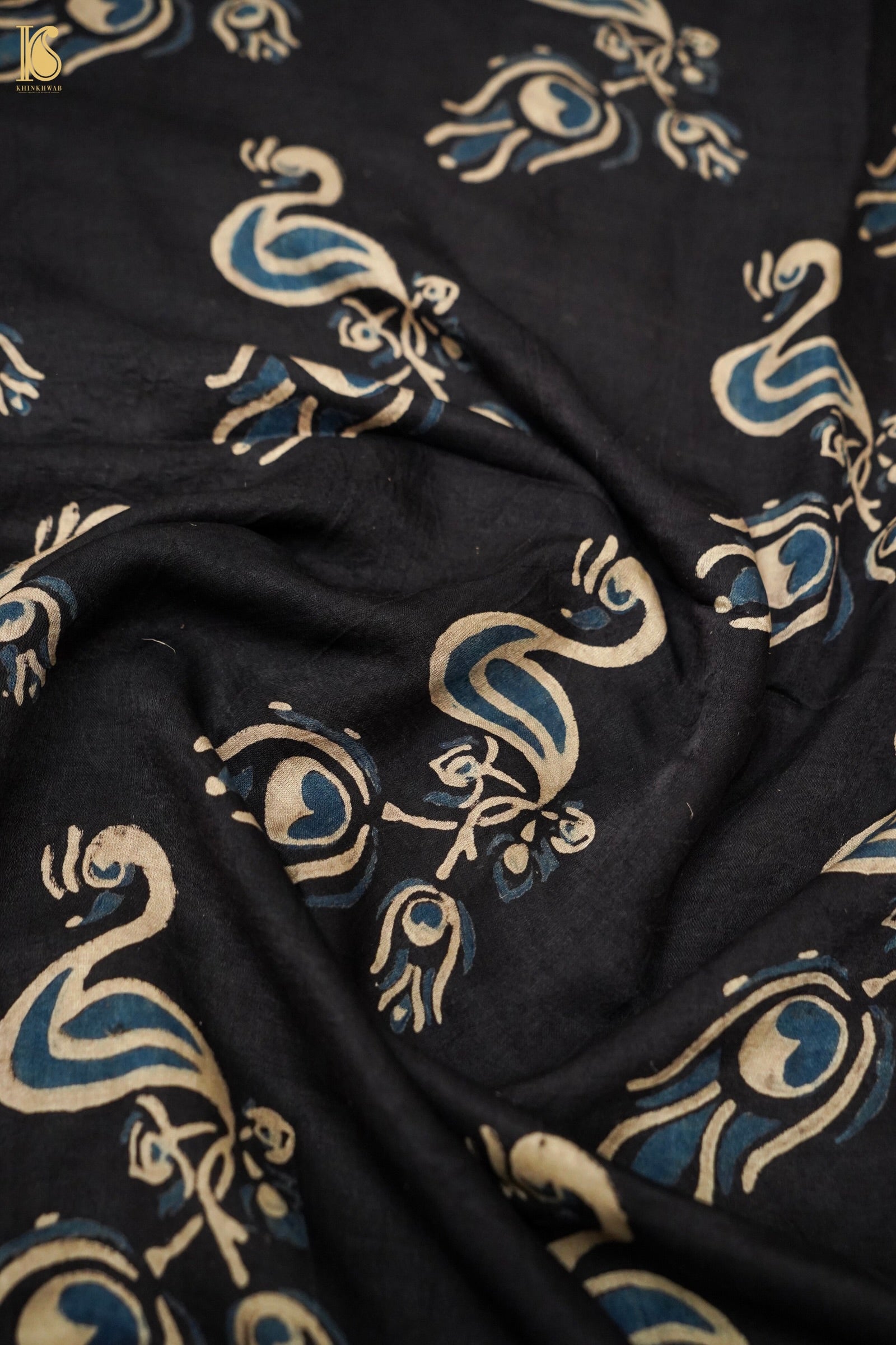 Gajji Silk Ajrakh Hand Block Peacock Fabric in Black