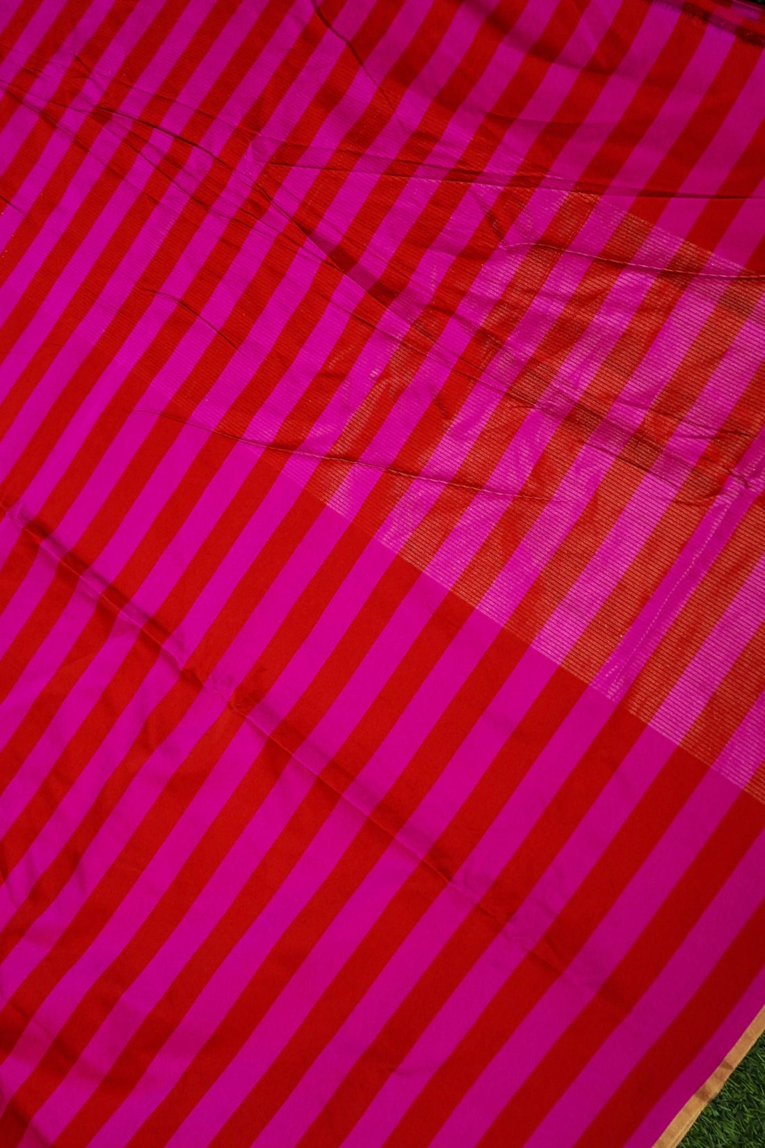 Handwoven Pink &amp; Red Striped Mashru Silk Banarasi Saree