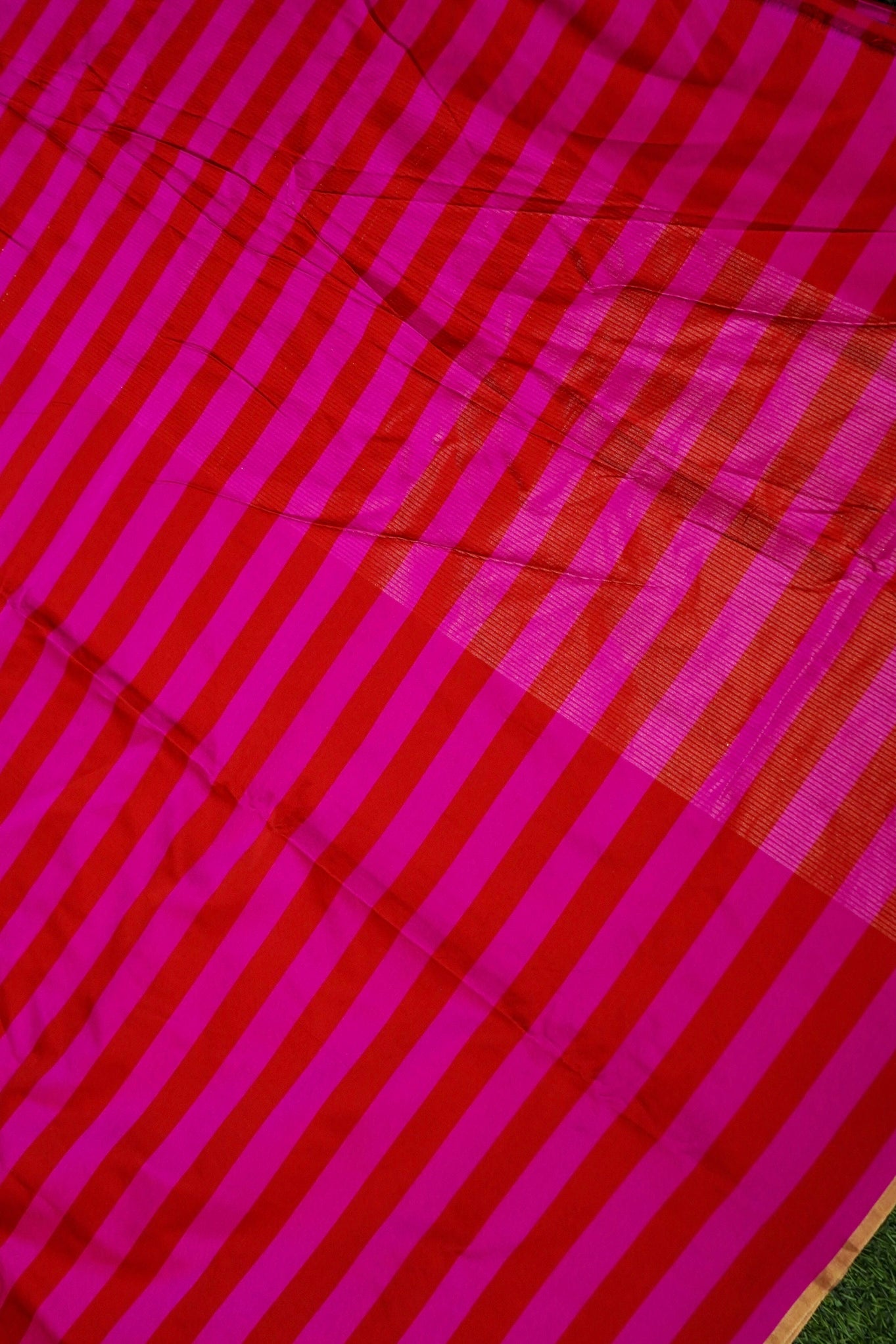 Handwoven Pink &amp; Red Striped Mashru Silk Banarasi Saree
