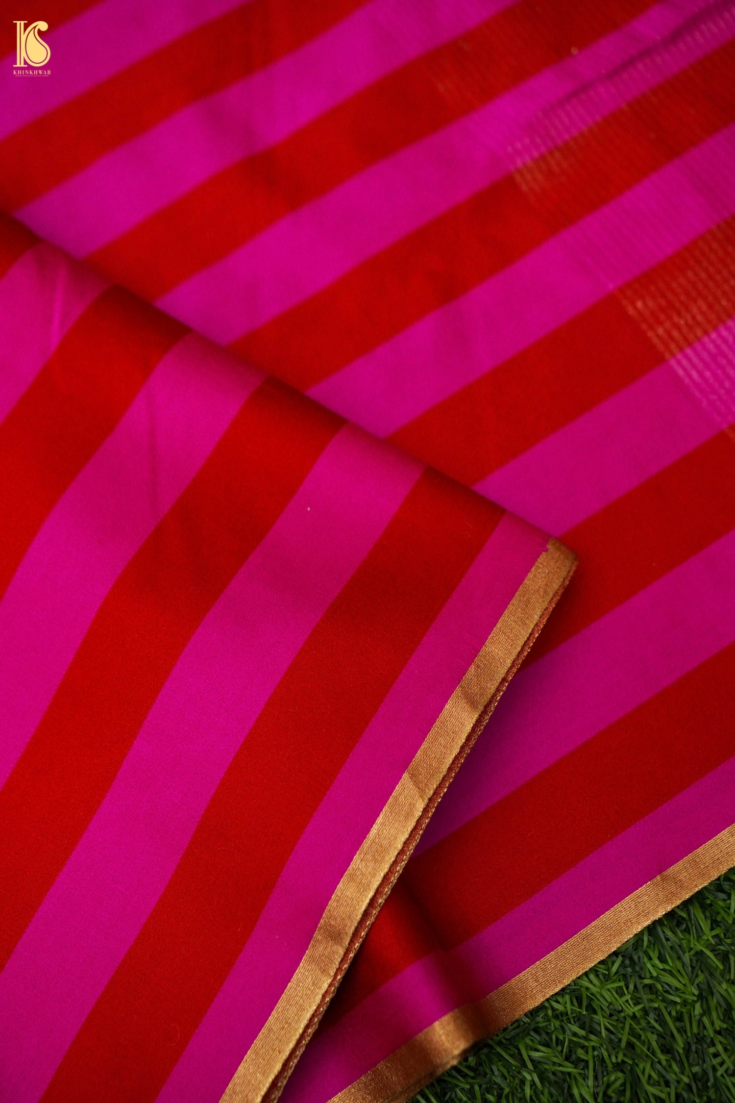 Handwoven Pink &amp; Red Striped Mashru Silk Banarasi Saree
