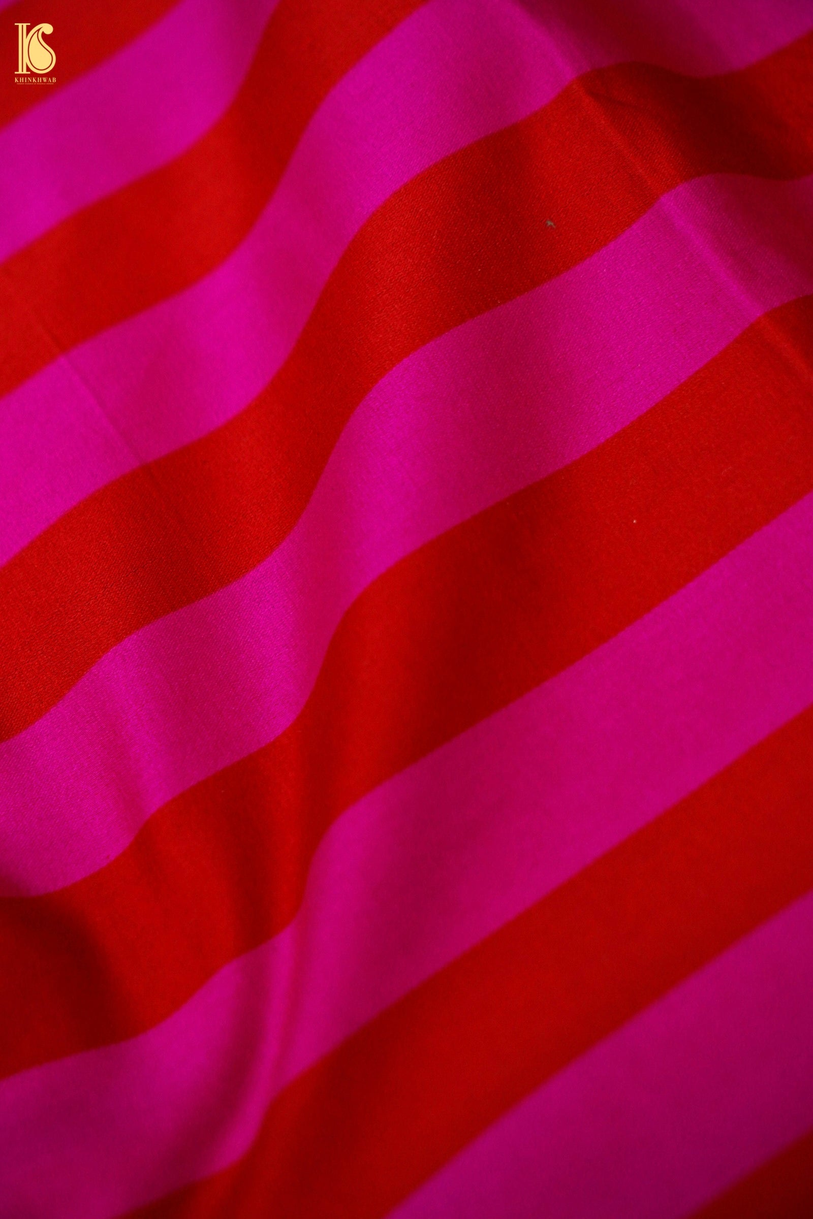 Handwoven Pink &amp; Red Striped Mashru Silk Banarasi Saree