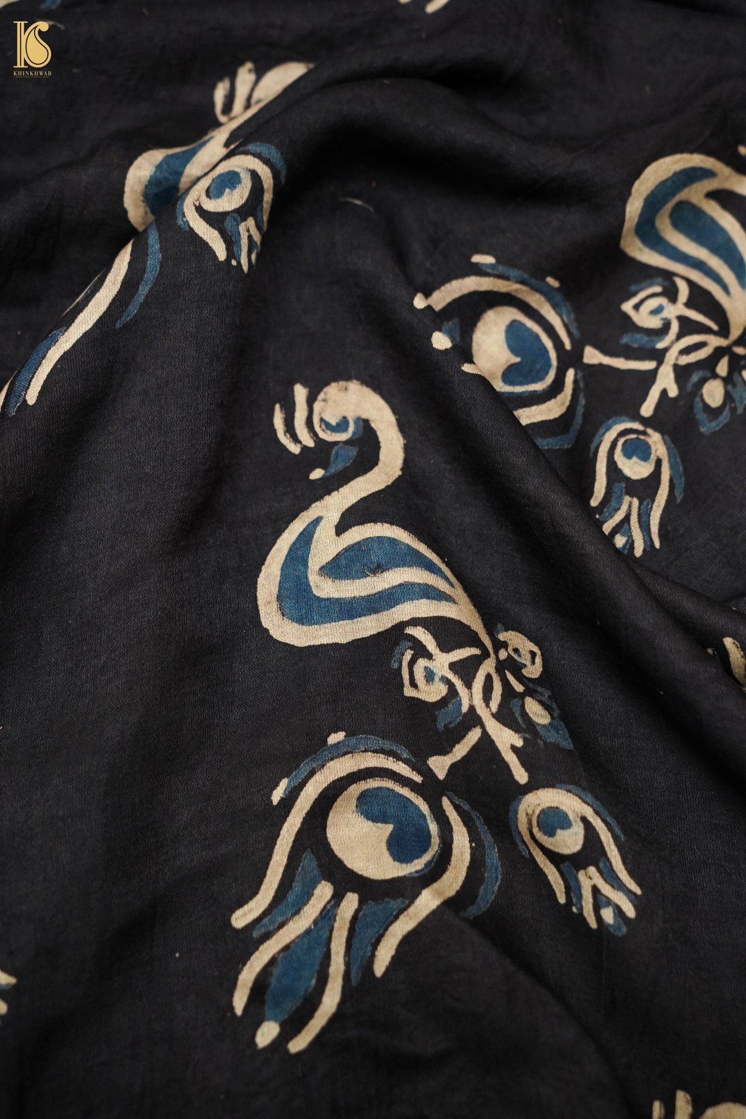 Gajji Silk Ajrakh Hand Block Peacock Fabric in Black