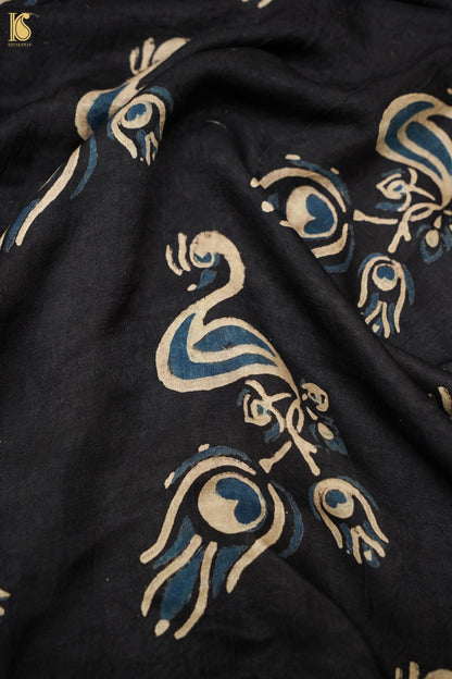 Gajji Silk Ajrakh Hand Block Peacock Fabric in Black