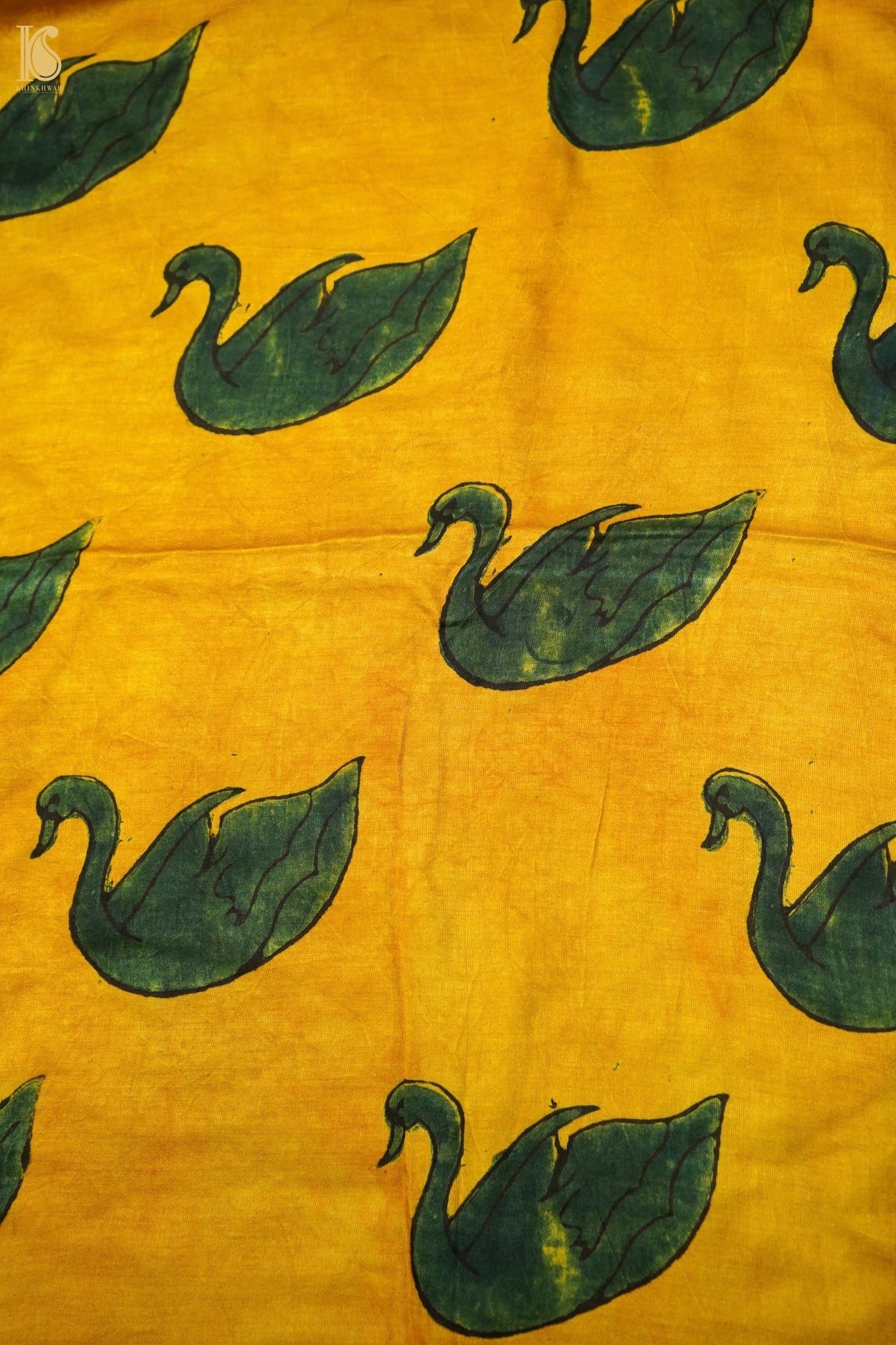 Gajji Silk Ajrakh Hand Block Swan Fabric in Mustard