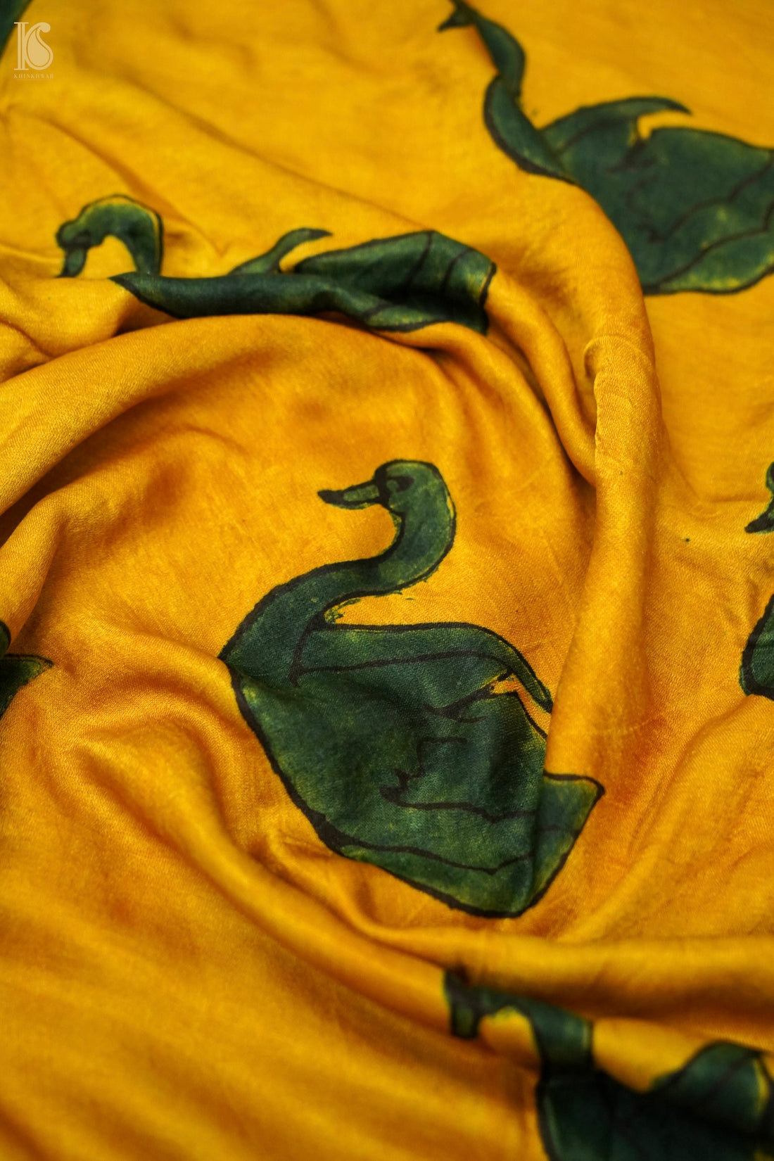 Gajji Silk Ajrakh Hand Block Swan Fabric in Mustard