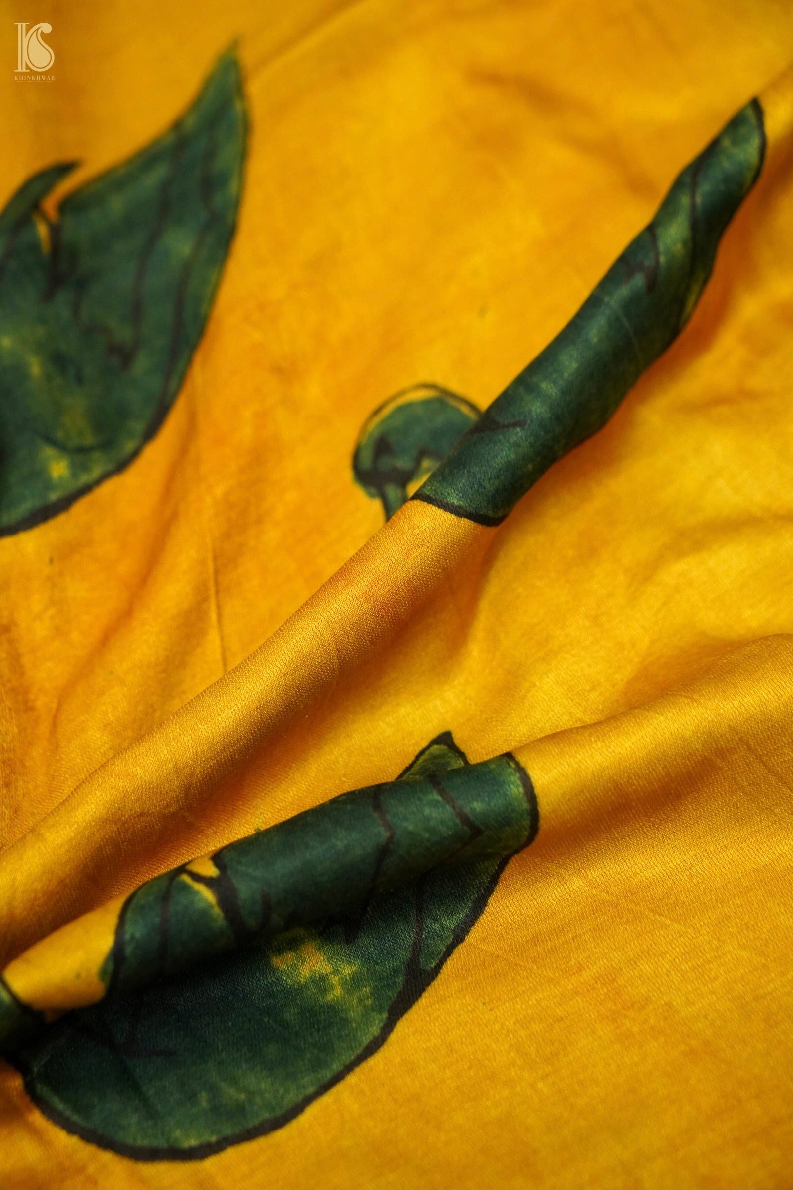 Gajji Silk Ajrakh Hand Block Swan Fabric in Mustard