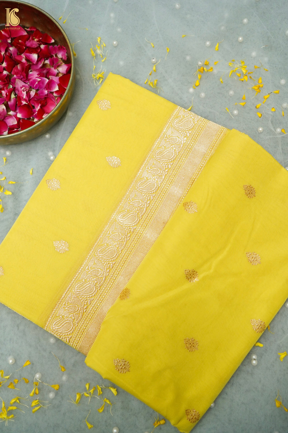 Cotton Kadwa Butidar Handwoven Banarasi Saree in Lemon Yellow