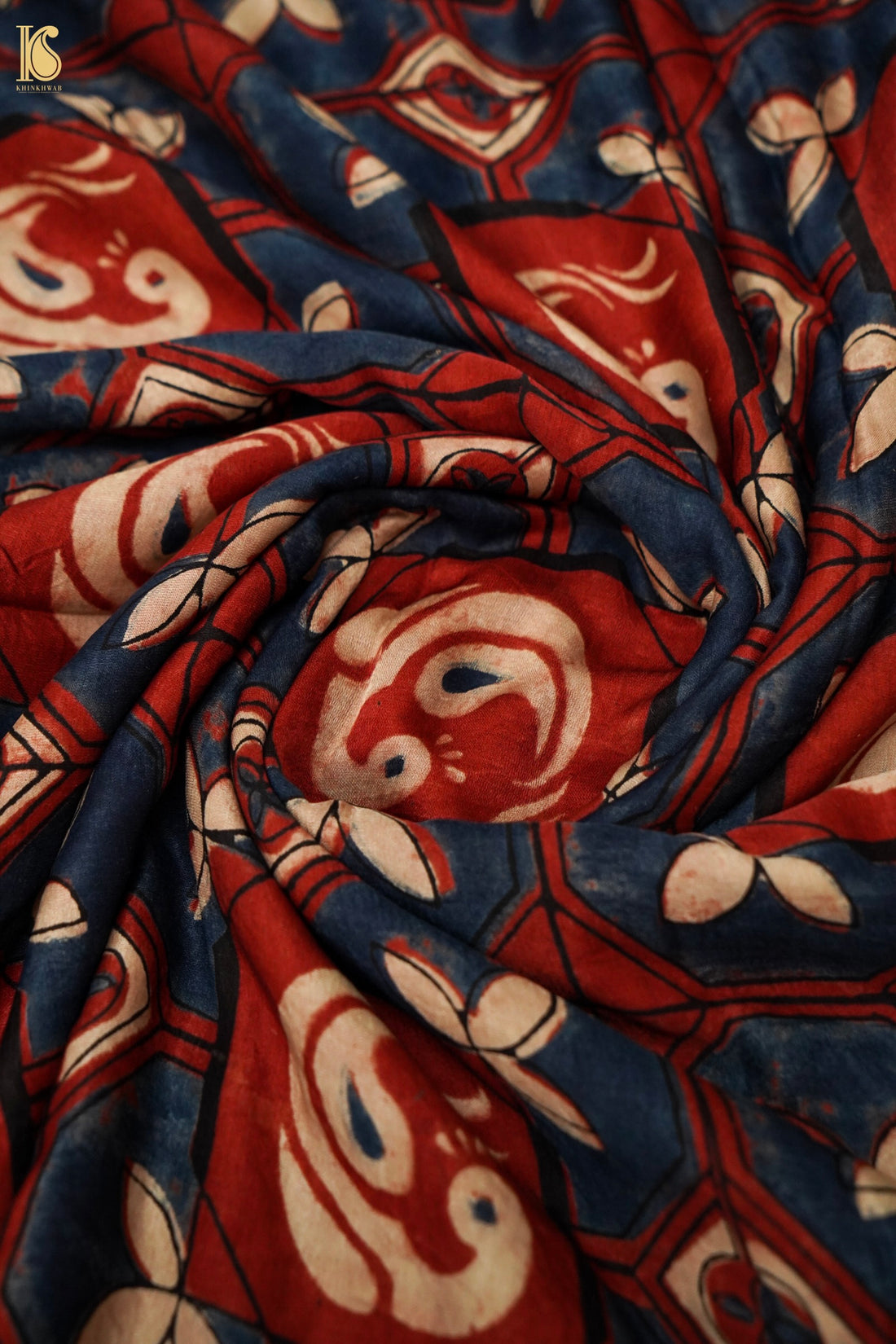 Gajji Silk Ajrakh Hand Block Octagon Kalgha Fabric in Indigo Rust