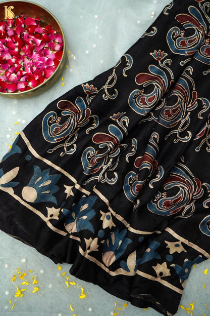 Gajji Silk Ajrakh Hand Block Flamingo Bird Pakshi Saree in Black