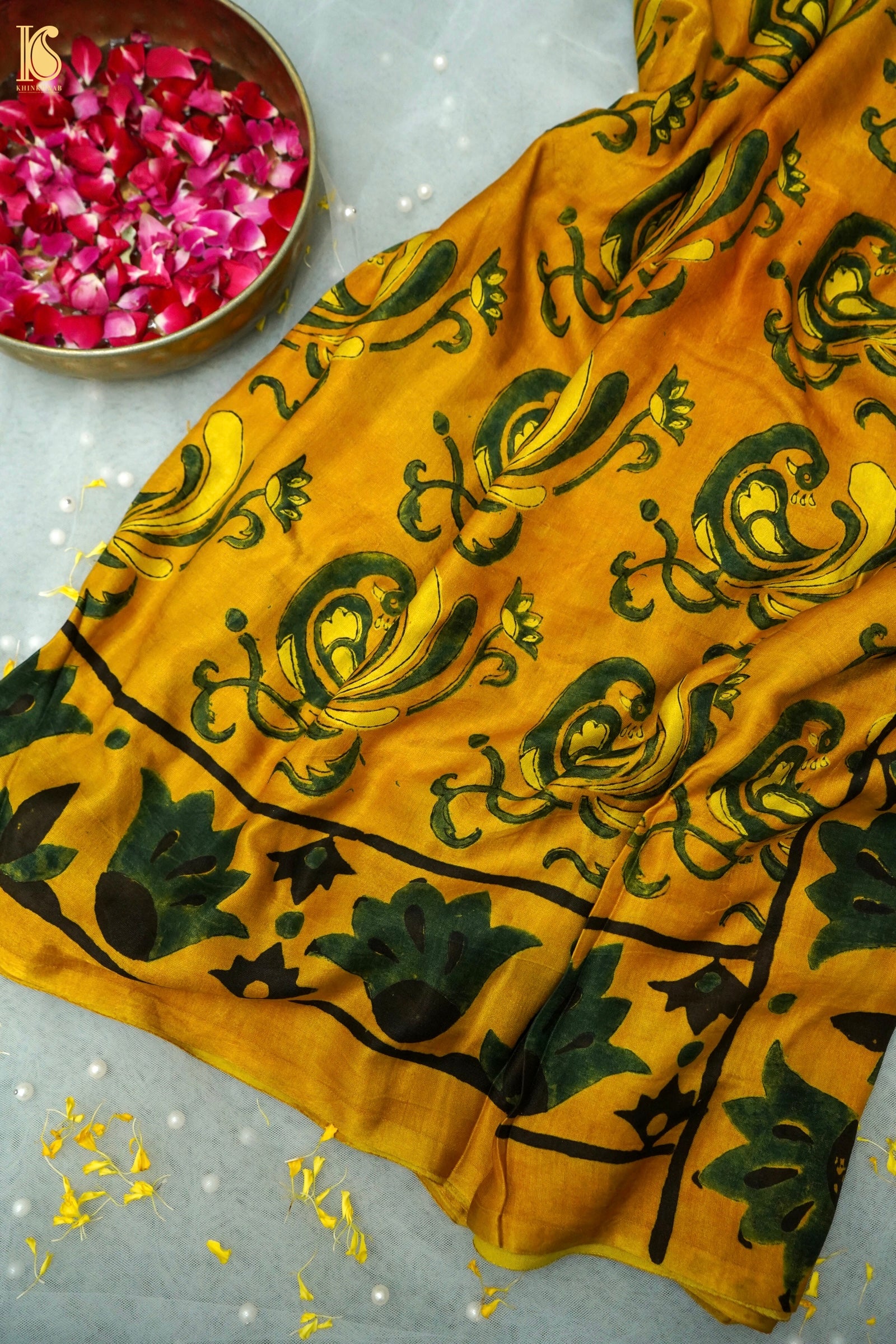 Gajji Silk Ajrakh Hand Block Floral Kalgha Pakshi Saree in Mustard