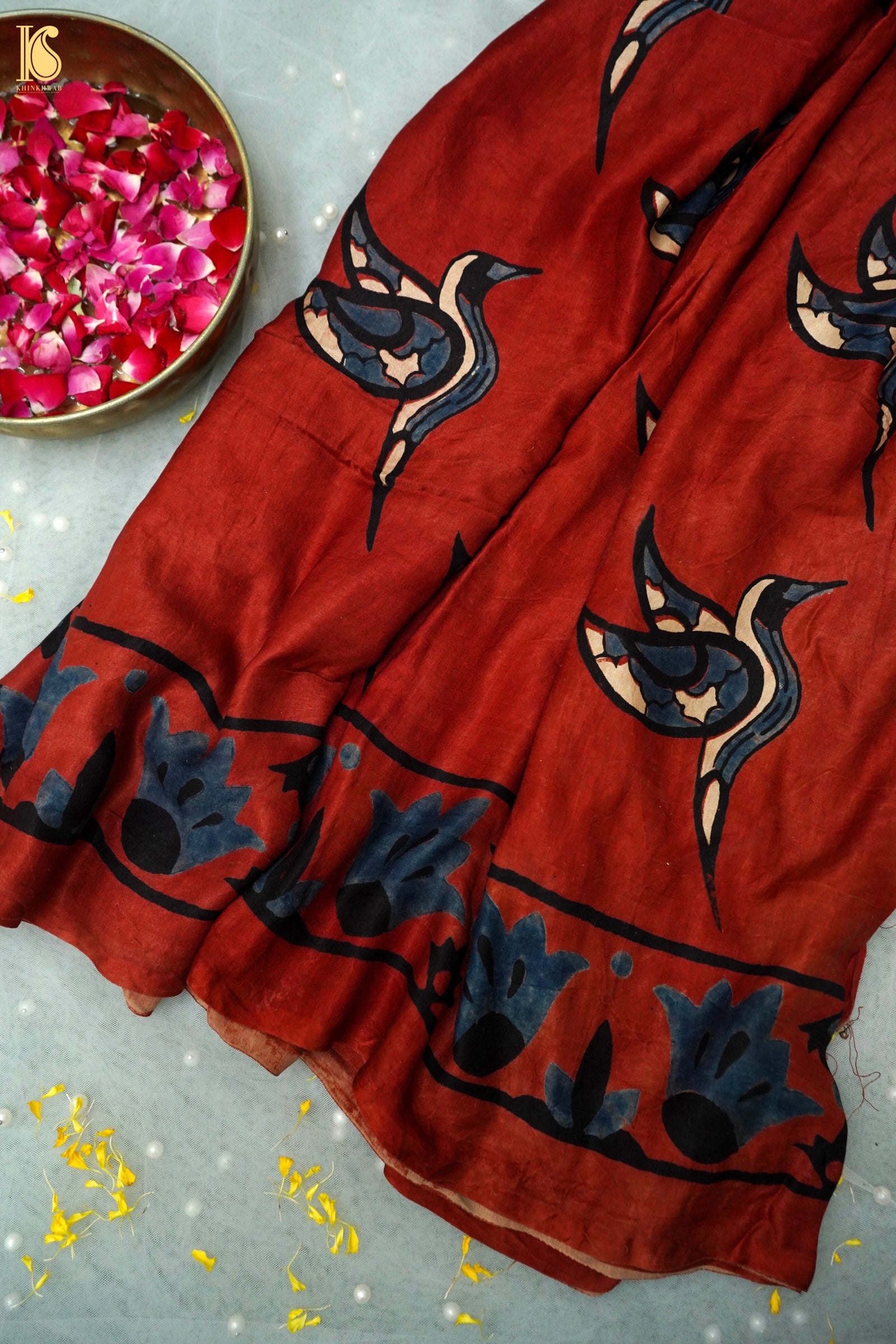 Gajji Silk Ajrakh Hand Block Crane Bird Pakshi Saree in Rust Red