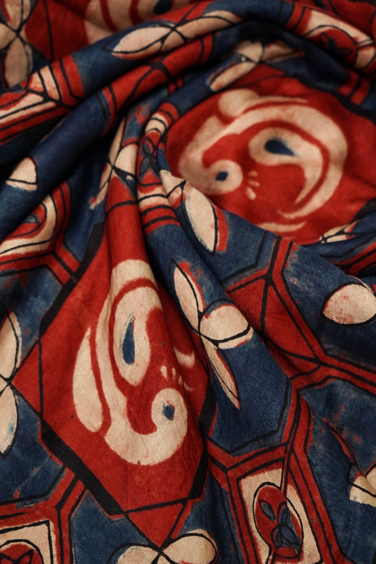 Gajji Silk Ajrakh Hand Block Octagon Kalgha Fabric in Indigo Rust