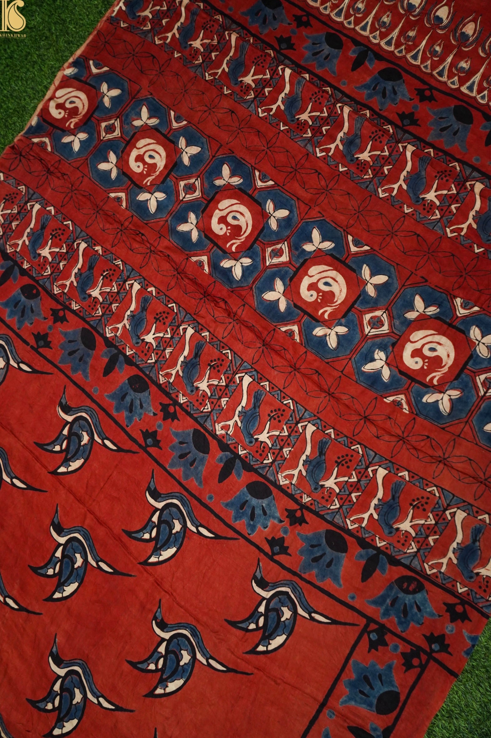 Gajji Silk Ajrakh Hand Block Crane Bird Pakshi Saree in Rust Red