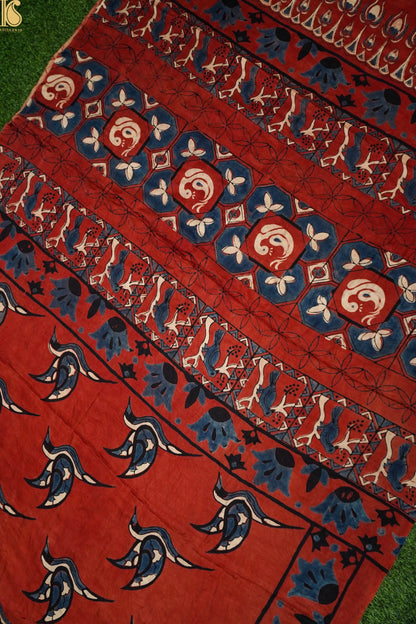 Gajji Silk Ajrakh Hand Block Crane Bird Pakshi Saree in Rust Red