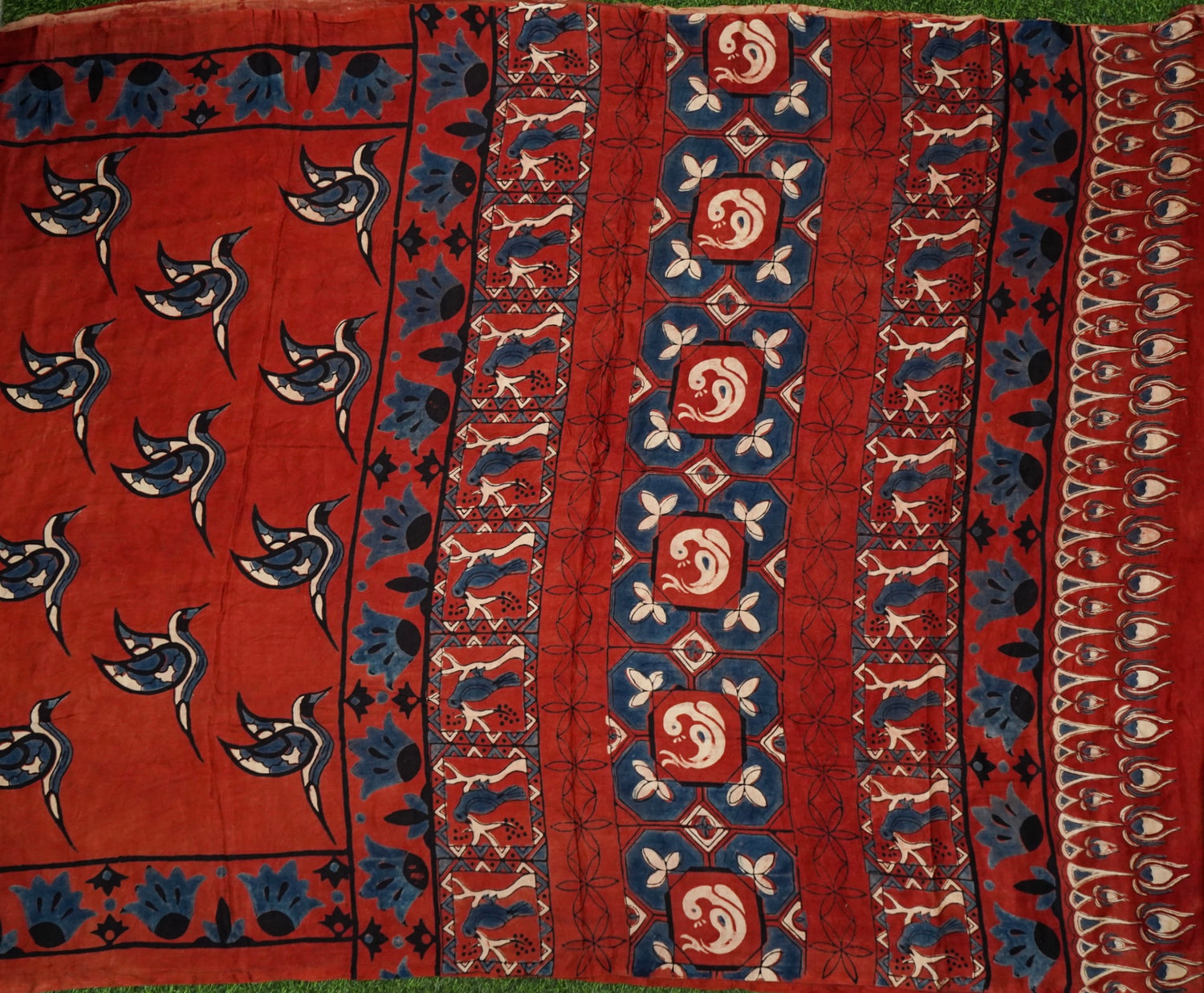 Gajji Silk Ajrakh Hand Block Crane Bird Pakshi Saree in Rust Red