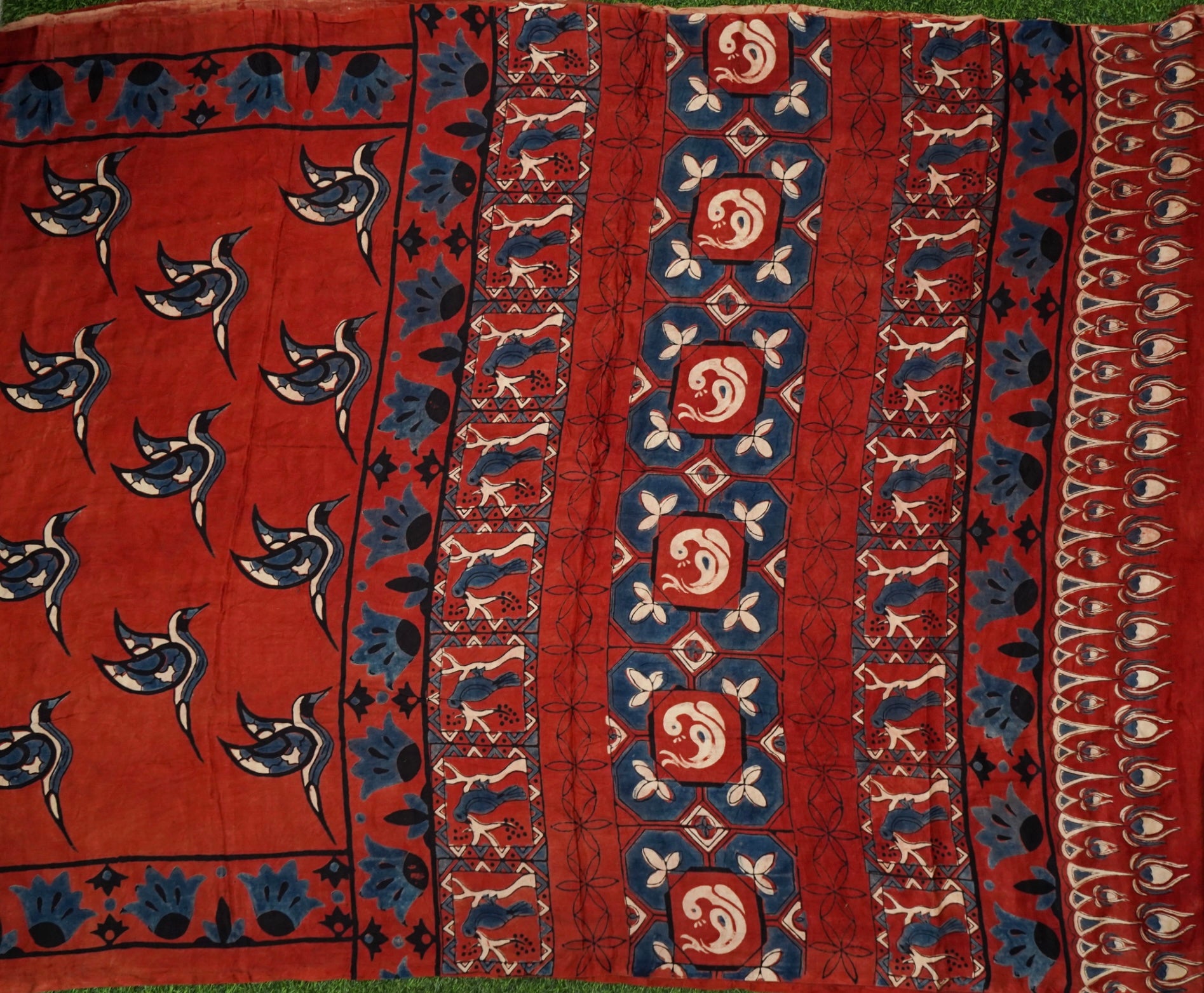 Gajji Silk Ajrakh Hand Block Crane Bird Pakshi Saree in Rust Red