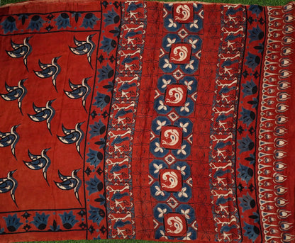Gajji Silk Ajrakh Hand Block Crane Bird Pakshi Saree in Rust Red