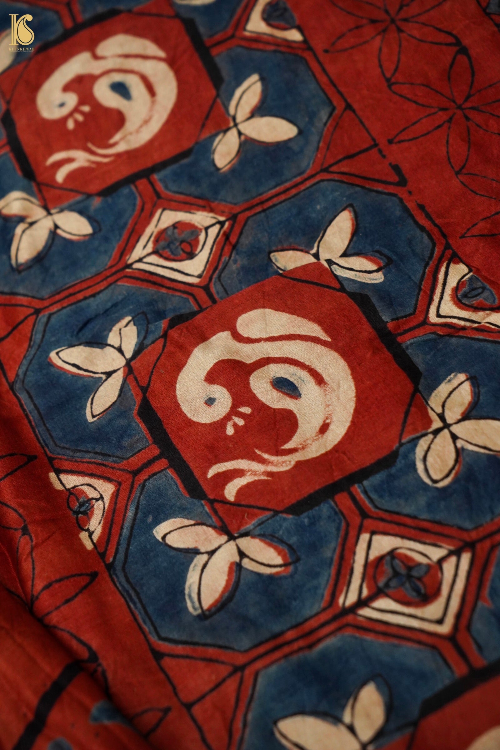 Gajji Silk Ajrakh Hand Block Crane Bird Pakshi Saree in Rust Red