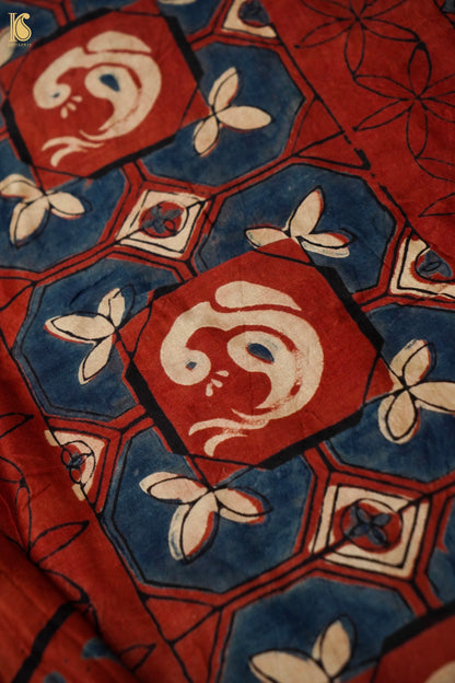 Gajji Silk Ajrakh Hand Block Crane Bird Pakshi Saree in Rust Red