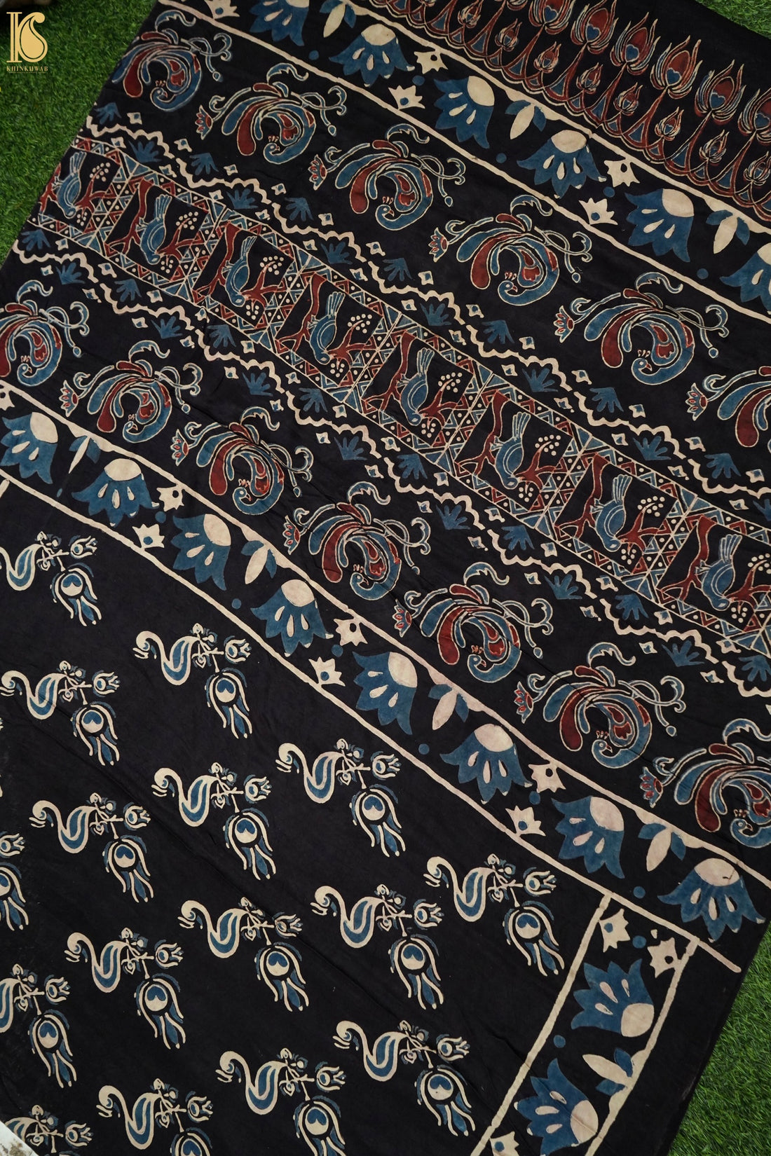 Gajji Silk Ajrakh Hand Block Flamingo Bird Pakshi Saree in Black