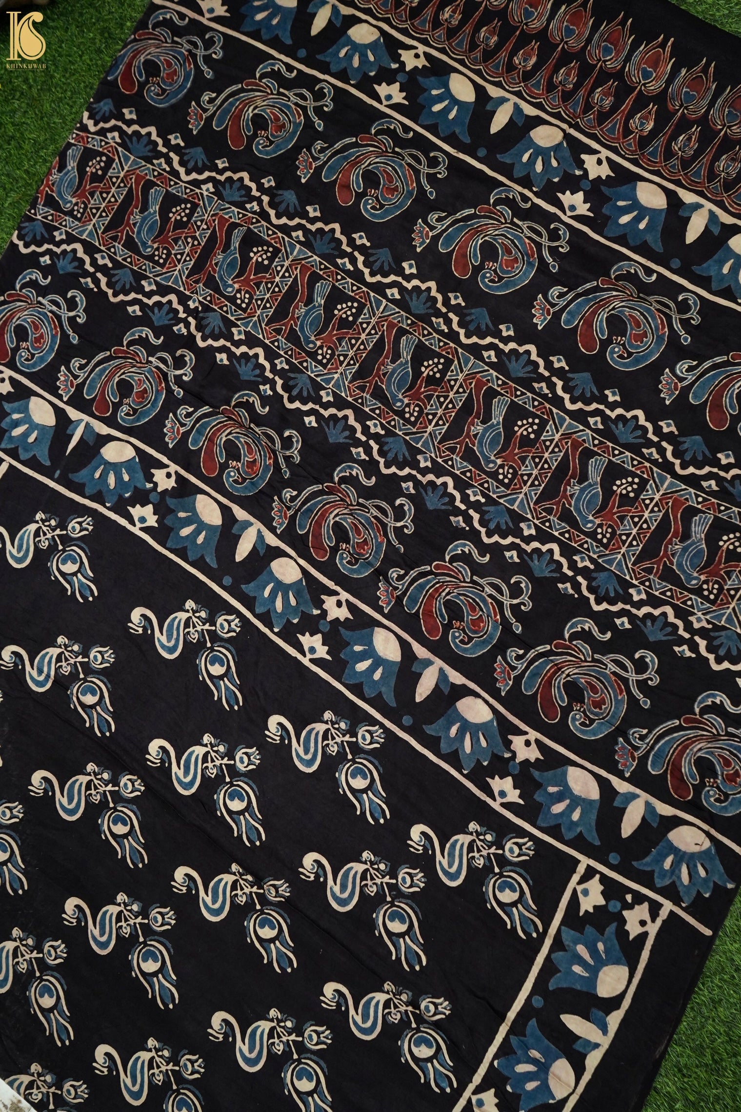Gajji Silk Ajrakh Hand Block Flamingo Bird Pakshi Saree in Black
