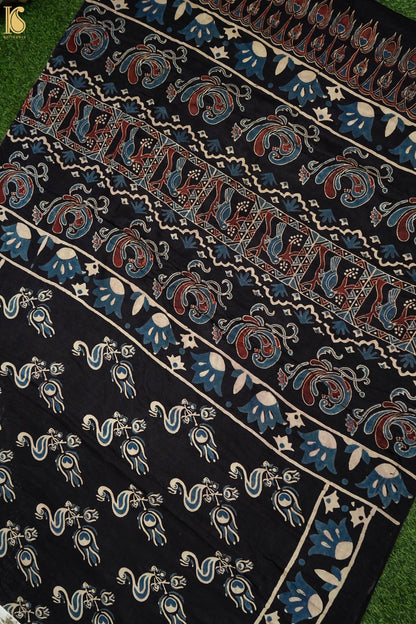 Gajji Silk Ajrakh Hand Block Flamingo Bird Pakshi Saree in Black